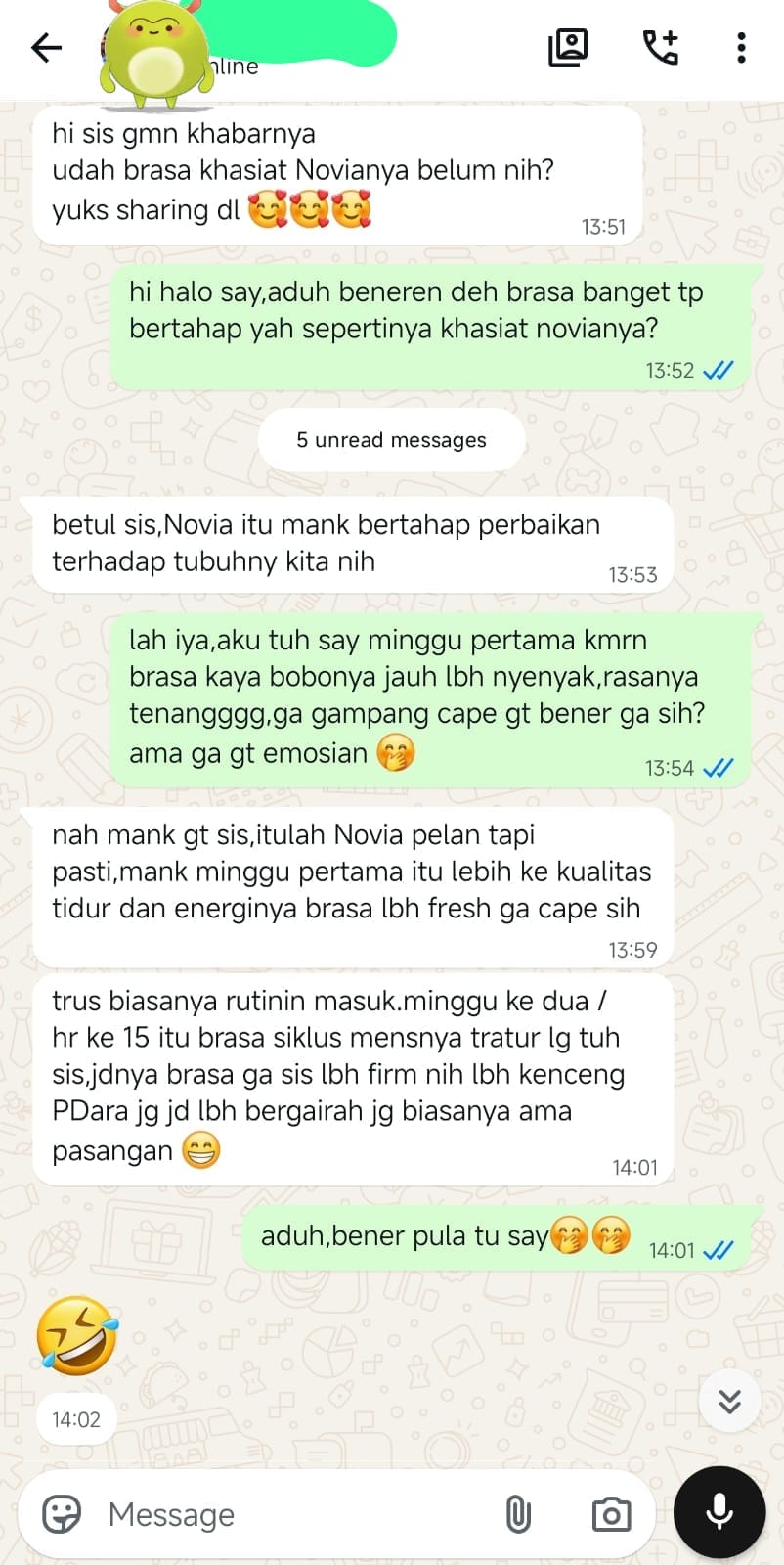 Testimoni pelanggan Novia Original via WhatsApp