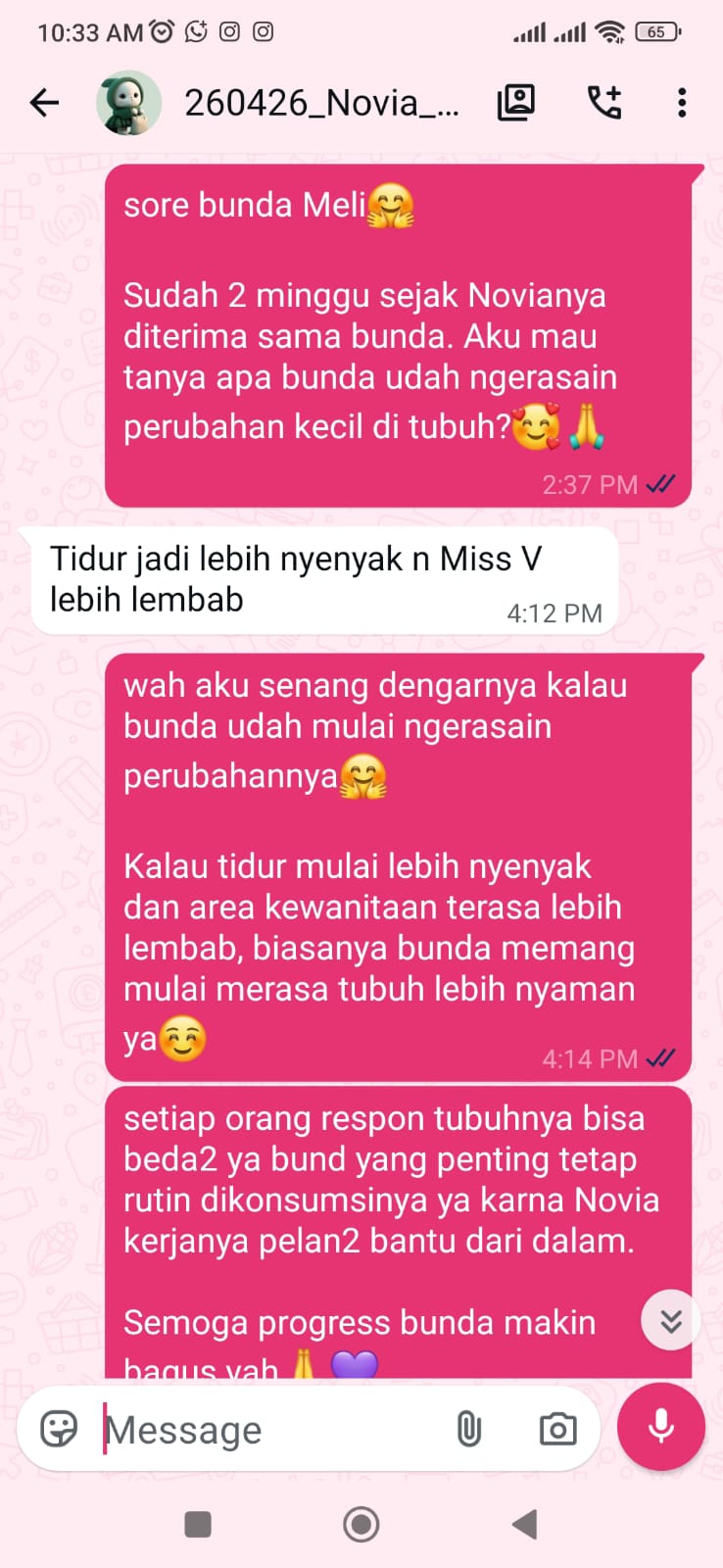 Testimoni pelanggan Novia Original via WhatsApp