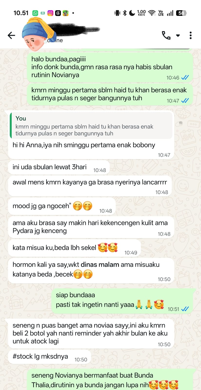Testimoni pelanggan Novia Original via WhatsApp